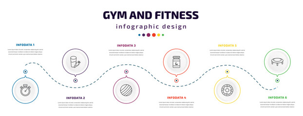 gym and fitness infographic element with icons and 6 step or option. gym and fitness icons such as big stopwatch, vegetables juice, gymnastic ball, phytonutrients, weight drive, trampoline vector.
