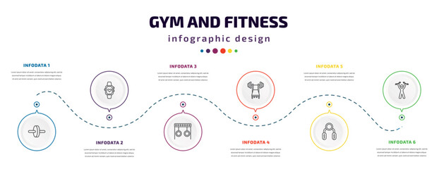 gym and fitness infographic element with icons and 6 step or option. gym and fitness icons such as fitness wheel, sport watch, rings exercises, barbell bench press, sport expander, lifting dumbbells