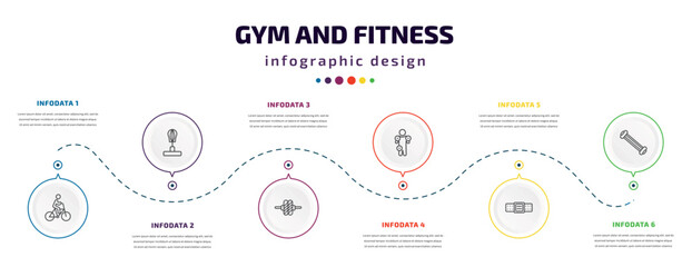 gym and fitness infographic element with icons and 6 step or option. gym and fitness icons such as riding bicycle, standing punching ball, roller, anatomy, athletic strap, arms extender vector. can