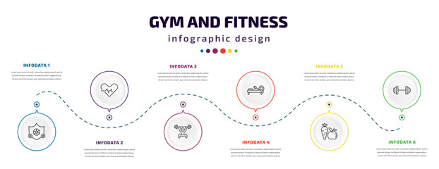 gym and fitness infographic element with icons and 6 step or option. gym and fitness icons such as elevation mask, fitness heart, lifting barbell, rowing hine, carrot barbell weightlifting vector.