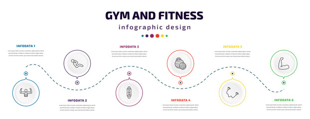 gym and fitness infographic element with icons and 6 step or option. gym and fitness icons such as bodybuilder, abdominal exercises, fitness tracker, pilates ball, exercise bands, muscles vector.