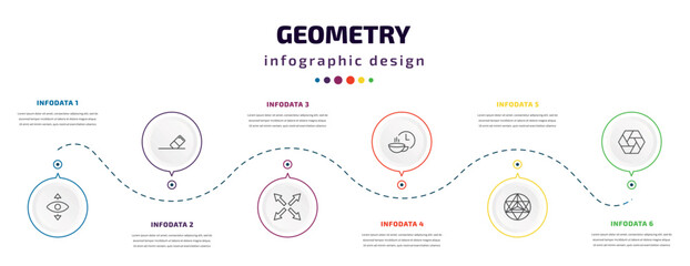 geometry infographic element with icons and 6 step or option. geometry icons such as perspective, erase, extend, break, metatron cube, polygonal hexagon vector. can be used for banner, info graph,