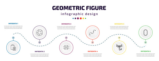 geometric figure infographic element with icons and 6 step or option. geometric figure icons such as paste clipboard, dodecahedron, stretch, spline, polygonal scorpion, oval vector. can be used for