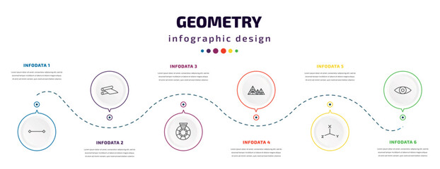 geometry infographic element with icons and 6 step or option. geometry icons such as line, off, color wheel, polygonal mountains, coordinates, preview vector. can be used for banner, info graph,