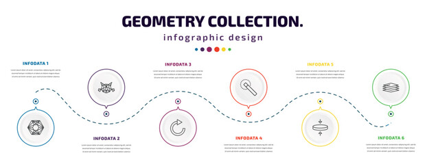 geometry collection. infographic element with icons and 6 step or option. geometry collection. icons such as polygonal hexagonal, polygonal cat, redo, quick selection, flatten, layer vector. can be