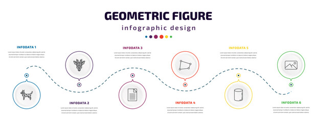 geometric figure infographic element with icons and 6 step or option. geometric figure icons such as polygonal dog, polygonal giraffe, text, distort, cylinder, background vector. can be used for