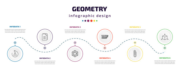 geometry infographic element with icons and 6 step or option. geometry icons such as change, copy, icosahedron, polygonal coffee cup, clip, dimension vector. can be used for banner, info graph, web,