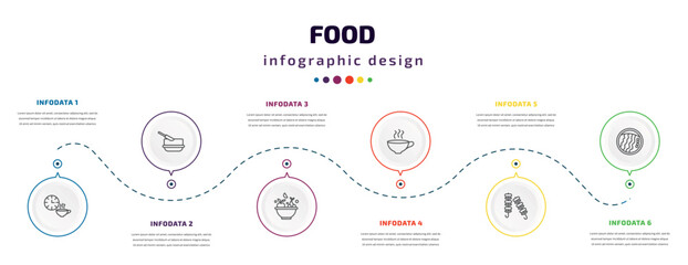 food infographic element with icons and 6 step or option. food icons such as tea time, butter, healthy nutrition, coffee cup with steam, kebab, wonton noodles vector. can be used for banner, info