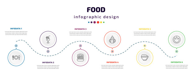 Fototapeta na wymiar food infographic element with icons and 6 step or option. food icons such as eatery, tropical drink, hamburguer, sippy cup, risotto, calories vector. can be used for banner, info graph, web,