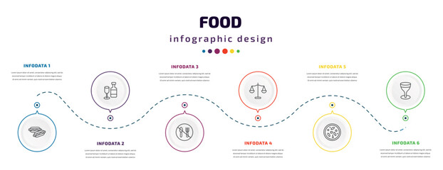 food infographic element with icons and 6 step or option. food icons such as hotdog, alcoholic drinks, no eating, scale balanced tool, sour soup, cup of wine vector. can be used for banner, info