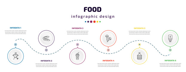 food infographic element with icons and 6 step or option. food icons such as grill, baguette, milk shake, lollypop, water container, boiler vector. can be used for banner, info graph, web,