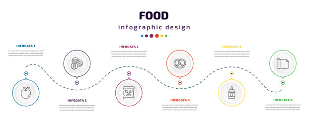 food infographic element with icons and 6 step or option. food icons such as leaf, arons, organic food, pretzel, condiment, wrapping vector. can be used for banner, info graph, web, presentations.