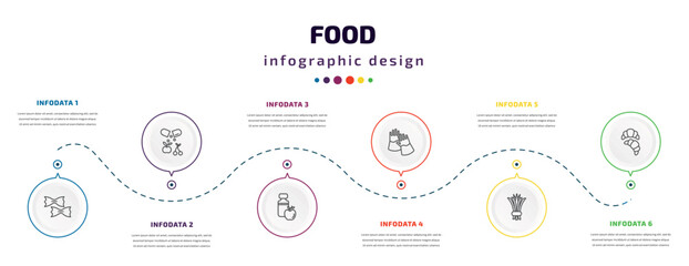 food infographic element with icons and 6 step or option. food icons such as pasta, vitamins, cider, protection gloves, chives, croissant vector. can be used for banner, info graph, web,