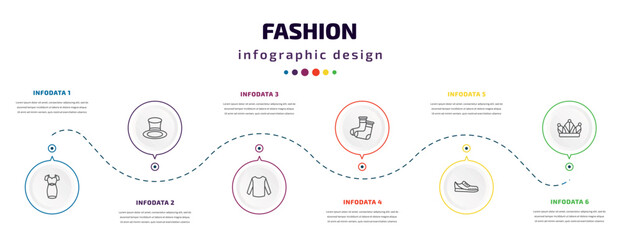 fashion infographic element with icons and 6 step or option. fashion icons such as dress with belt, cylinder hat, long sleeves, warm sock, gym shoes, monarchy vector. can be used for banner, info
