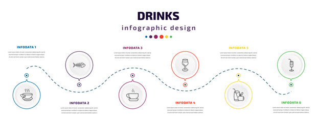 drinks infographic element with icons and 6 step or option. drinks icons such as tea, fish skeleton, espresso, glass of wine, juice, ramos gin fizz vector. can be used for banner, info graph, web,