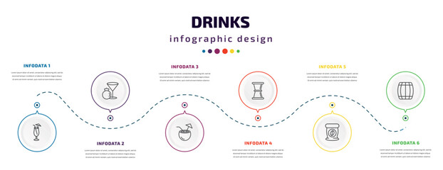 drinks infographic element with icons and 6 step or option. drinks icons such as sex on the beach, pomegranate martini, malibu, jigger, coffee bag, cask vector. can be used for banner, info graph,