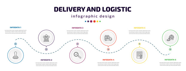 Fototapeta na wymiar delivery and logistic infographic element with icons and 6 step or option. delivery and logistic icons such as pisco sour, post office, inspection, delivery scheduled, charter, air mail vector. can
