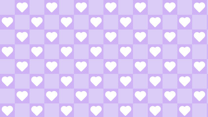 cute small pastel purple checkers, gingham, plaid, checkerboard with cute little white heart background illustration, perfect for banner, wallpaper, backdrop, postcard, background