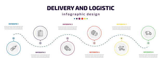 delivery and logistic infographic element with icons and 6 step or option. delivery and logistic icons such as tax free, clipboard, worldwide delivery, logistic, by plane, fast vector. can be used