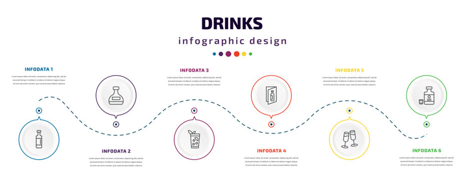 drinks infographic element with icons and 6 step or option. drinks icons such as wine bottles, mashing, cuba libre, wine list, wine toast, herbal liquor vector. can be used for banner, info graph,