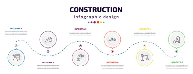 construction infographic element with icons and 6 step or option. construction icons such as cement, inclined, adjusment system, tank truck, big derrick with boxes, home key vector. can be used for