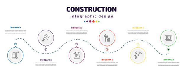 construction infographic element with icons and 6 step or option. construction icons such as trolley with cargo, inclined ax, nail gun, constructions, man painting, house plan vector. can be used