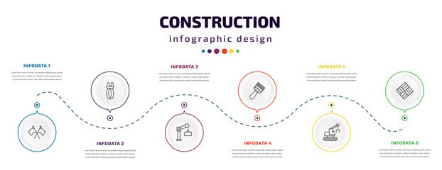 construction infographic element with icons and 6 step or option. construction icons such as flags crossed, inclined clippers, derrick with boxes, sand brush, derrick with tong, paver vector. can be