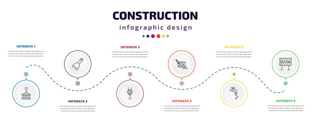 construction infographic element with icons and 6 step or option. construction icons such as derrick with pallet, scraper, pulley hook, construction plan, stopcock, barrier vector. can be used for