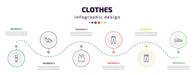 clothes infographic element with icons and 6 step or option. clothes icons such as jumpsuit, flat shoes, tank top, sweatpants, jeans, leather derby shoe vector. can be used for banner, info graph,