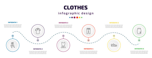 clothes infographic element with icons and 6 step or option. clothes icons such as women socks, polo shirt, peplum top, chi pants, leather shoes, slit skirt vector. can be used for banner, info