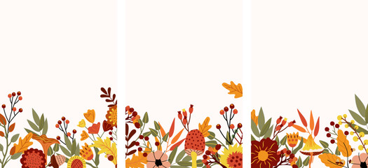 Autumn banner with colorful leaves, mushroom, autumn berries and flowers. Composition for your greeting cards, poster, and harvest festival or Thanksgiving. Vector Illustration. 
