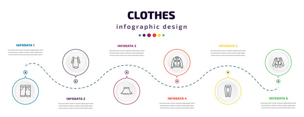 clothes infographic element with icons and 6 step or option. clothes icons such as chino shorts, long sleeveless dress, circle skirt, denim jacket, pegged pants, blazer vector. can be used for