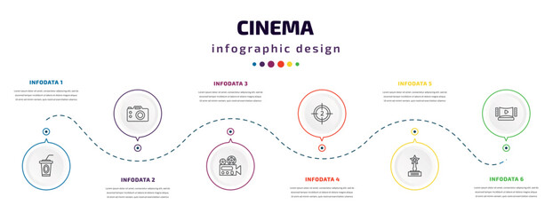 cinema infographic element with icons and 6 step or option. cinema icons such as papper cup with straw, dslr camera, film viewer, film counter, trophy with a star, home theater vector. can be used