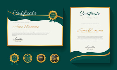 Green certificate of achievement template with gold badge