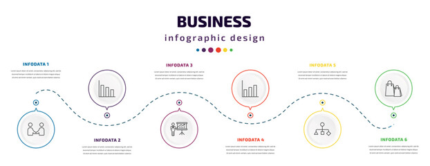 business infographic element with icons and 6 step or option. business icons such as men shaking hands, bars chart, graphic panel and man, graphic chart, hierarchy structure, shopping bags vector.