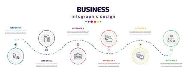 business infographic element with icons and 6 step or option. business icons such as businesswomen, work table, journalist id card, two folders, dollar coins stack, structure vector. can be used for - obrazy, fototapety, plakaty