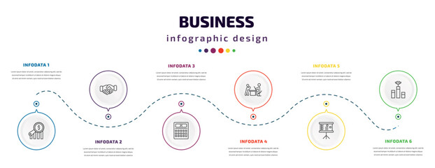 business infographic element with icons and 6 step or option. business icons such as money finder, cooperate, tax calculate, boss reading a document, graphic panel, ranking factor vector. can be