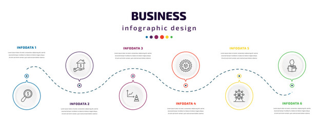 business infographic element with icons and 6 step or option. business icons such as money finder, mortgage loan, graphs, proof of work, big wheel, reader vector. can be used for banner, info graph,