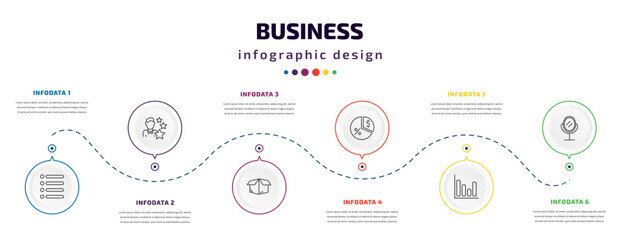 business infographic element with icons and 6 step or option. business icons such as lines, expert, empty box, pie chart with dollar, bar diagram, hair salon vector. can be used for banner, info