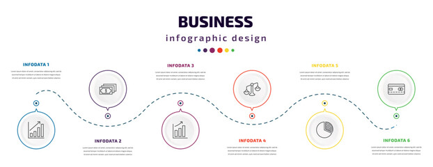 business infographic element with icons and 6 step or option. business icons such as growing bar graph, dollar bills, graphic progression, punishment, circular pie chart, bank card vector. can be