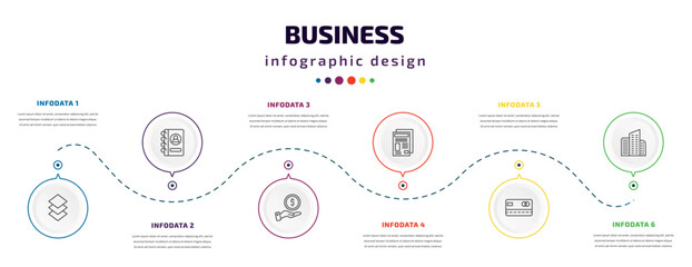 business infographic element with icons and 6 step or option. business icons such as stack, address book, give money, newspaper page, banking card, corporation vector. can be used for banner, info