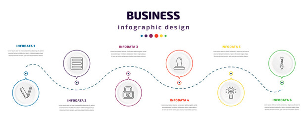business infographic element with icons and 6 step or option. business icons such as maths tool, basic burger, safe money, rubber stamp, strategic, black tie vector. can be used for banner, info