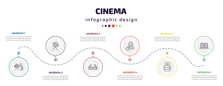 cinema infographic element with icons and 6 step or option. cinema icons such as cameraman, movie camera, 3d glass, actress, cinema chair, buy tickets online vector. can be used for banner, info