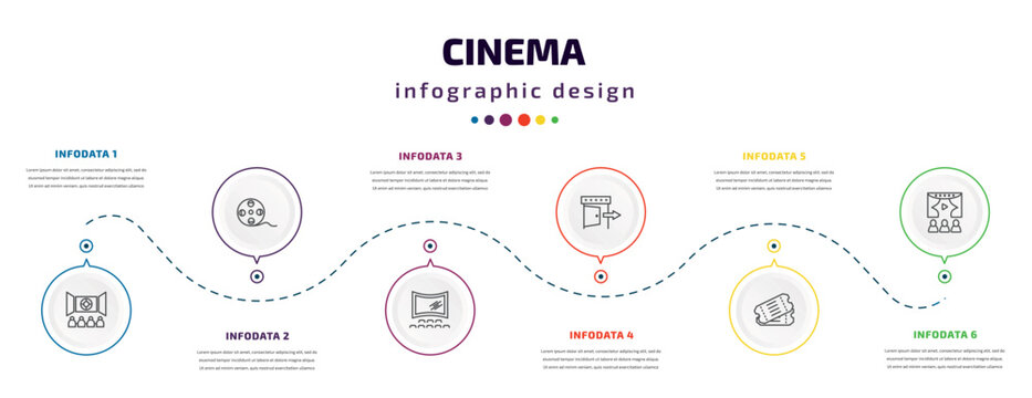 cinema infographic element with icons and 6 step or option. cinema icons such as cinema audience, movie roll, theatre screen, exit, two movie tickets, people watching a movie vector. can be used for
