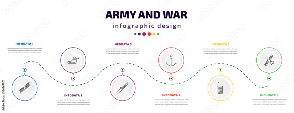 Wall mural army and war infographic element with icons and 6 step or option. army and war icons such as barbed 