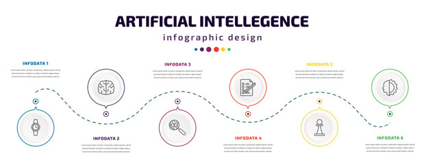 Fototapeta na wymiar artificial intellegence infographic element with icons and 6 step or option. artificial intellegence icons such as wristwatch, brain, detection, check list, chess, cyborg vector. can be used for
