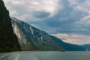 Amazing beautiful view of the N&aelig;r&oslash;yfjord in Norway Scandinavia with snow mountains and colorful fjord