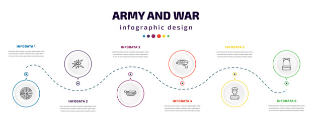 army and war infographic element with icons and 6 step or option. army and war icons such as militar radar, explosion, tank, grenade launcher, conscription, backpack vector. can be used for banner,