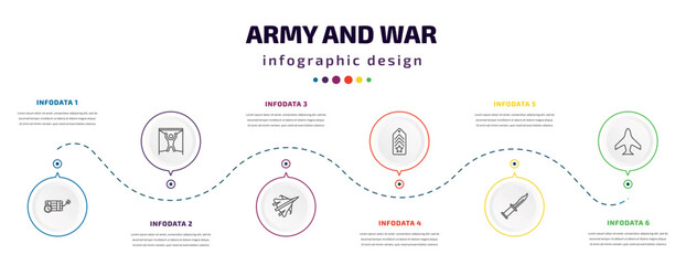 army and war infographic element with icons and 6 step or option. army and war icons such as time bomb with clock, torture, jet, chevron, combat knife, airplane vector. can be used for banner, info