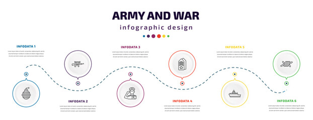army and war infographic element with icons and 6 step or option. army and war icons such as whizbang with rong, assault, salute, shoulder strap, army boat, barbed vector. can be used for banner,
